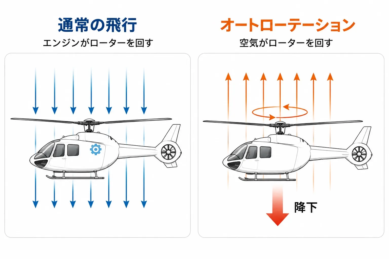 通常の飛行とオートローテーションの比較図。左「通常の飛行」ではエンジンがローターを回し、空気は上から下へ流れている。右「オートローテーション」では降下によって空気が下から上へ流れ、その空気がローターを回している